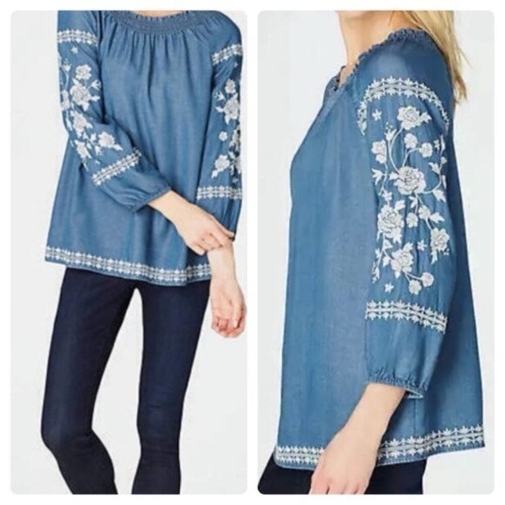 J. Jill Denim Chambray Embroidered Tunic Top Size XL Shirt Blouse Boho Peasant - Picture 4 of 11